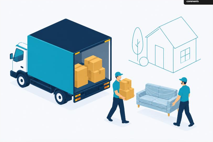 Removalist truck and movers carrying boxes