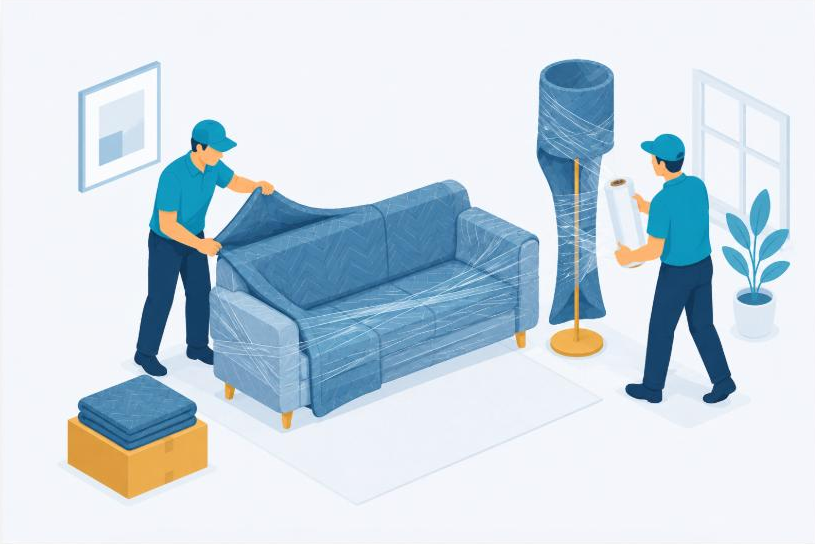 Movers wrapping furniture with care